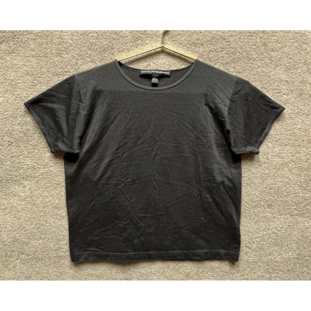 Linda Allard Ellen Tracy Women T-Shirt Shiny Black Crop Crew Neck Cotton Blend L